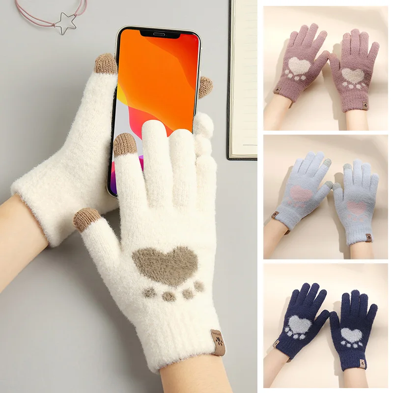 

Women's Knitted Cat Paw Pattern Touch Screen Gloves Imitation Mink Hair Autumn Winter Keep Warm Thick Mitten