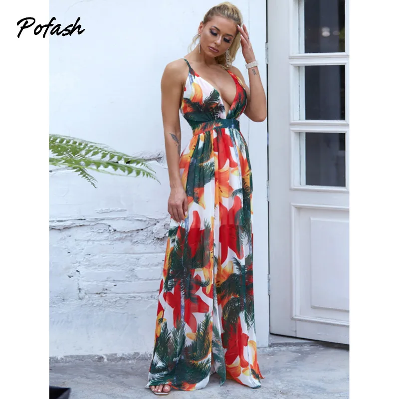 Женское пляжное шифоновое платье Pofash длинное макси в пол с цветочным принтом