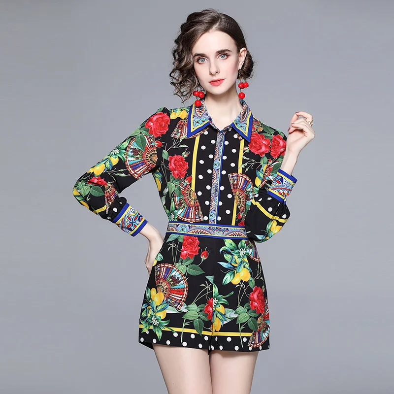 

Runway Fashion Women Casual 2 Piece Set Vintage Print Dot Blouse Shirts + Chic High Waist Mini Shorts Suits Lady Outfit