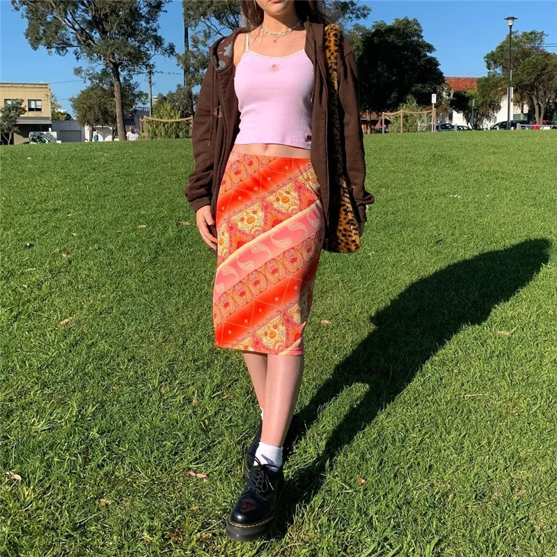 

2021 New Summer Women Fashion Orange Color Midi Skirts Ladies Digital Printed Slim Fit Pencil Skirts for Party Club Daily