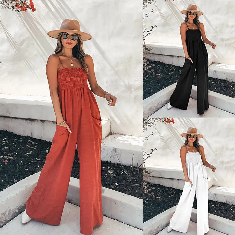 

Spaghetti Strap Backless Women's Jumpsuits Sleeveless Pocket Wide Leg Pant Solid Female Romper 2021 Summer Elegant Lady Jumpsuit