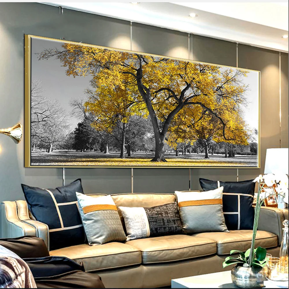 Картина для украшения гостиной коридора желтое большое дерево пейзаж холст