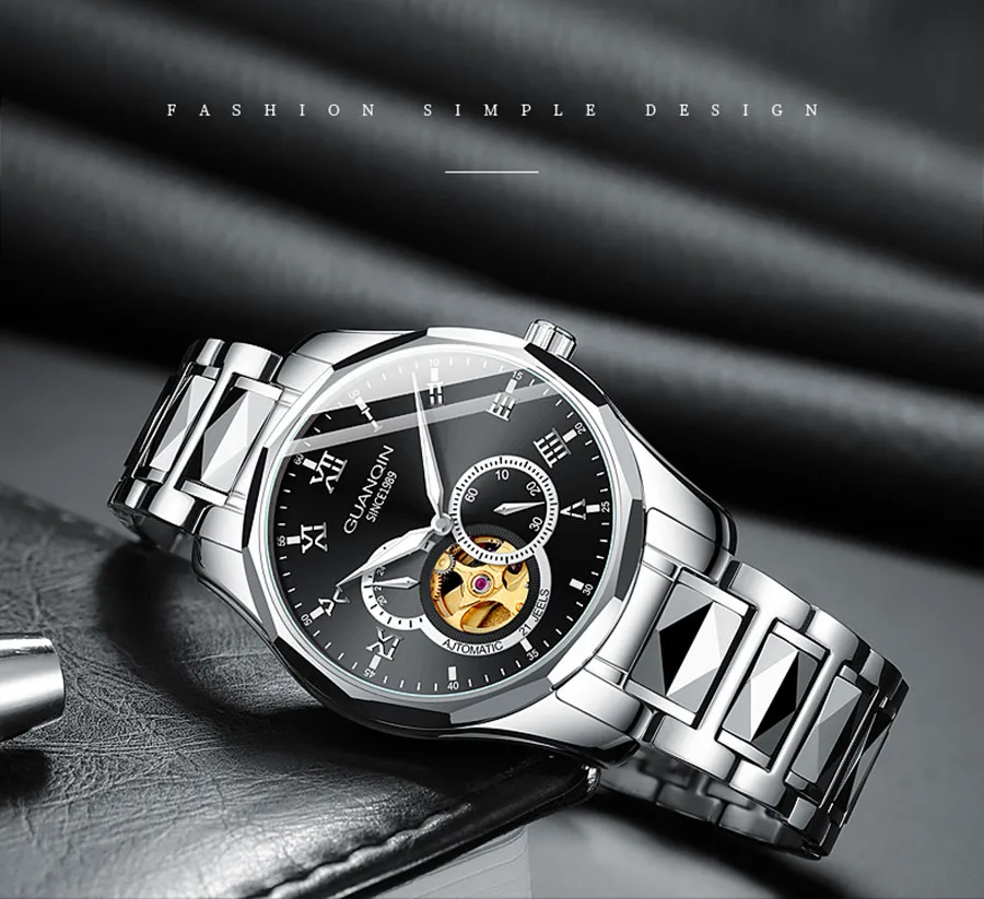 GUANQIN Japan MIYOTA Quartz Movement Automatic Mechanical Watch Men Luxury Tungsten Steel Push Button Hidden Clasp Male Clock