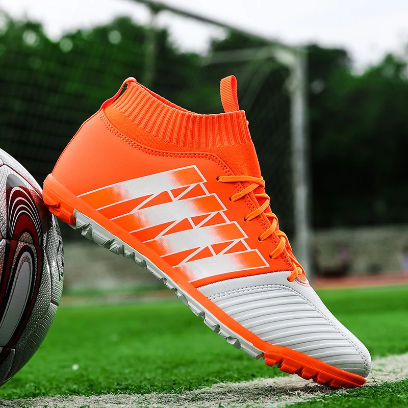 

New High-quality Orange Men's Football Boots Turf Soccer Shoes for Men Outdoor High top Football Trainers Sneakers Man chuteira