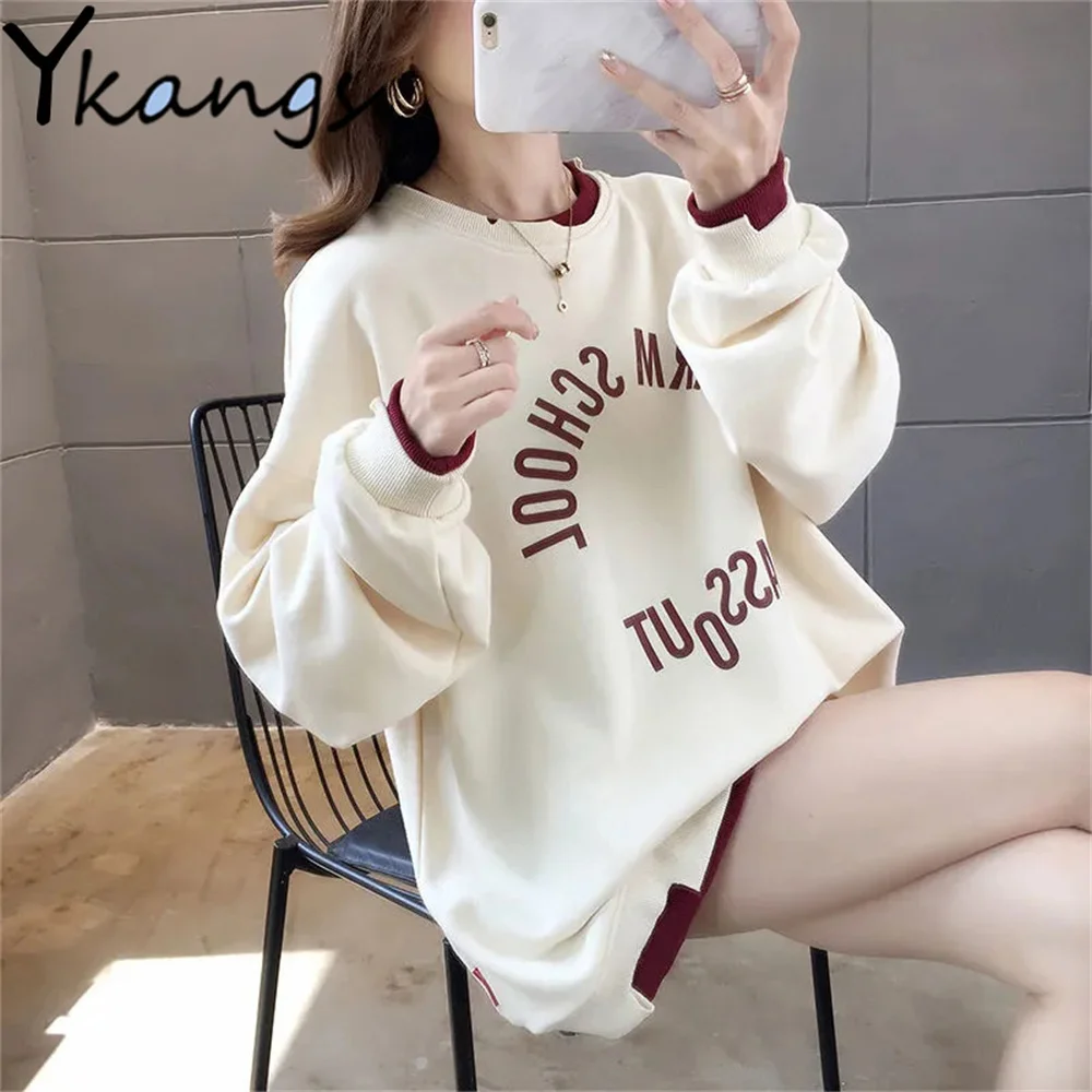 

Beige Simple Printing Pullover Fake Two-Piece Design Loose O-Neck Women'S Clothes Harajuku Spring Autumn Bf Oversized Sweatshirt