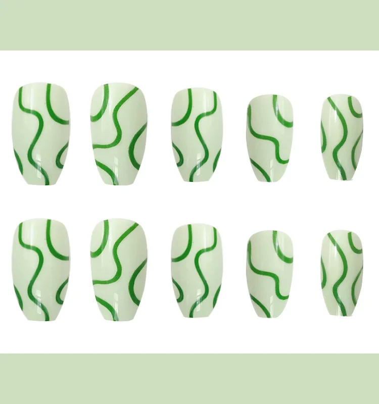 

24 шт./компл. накладные ногти светильник-зеленые линии дизайна Клей Тип съемный гроб длинный абзац искусственные инструменты для дизайна ног...