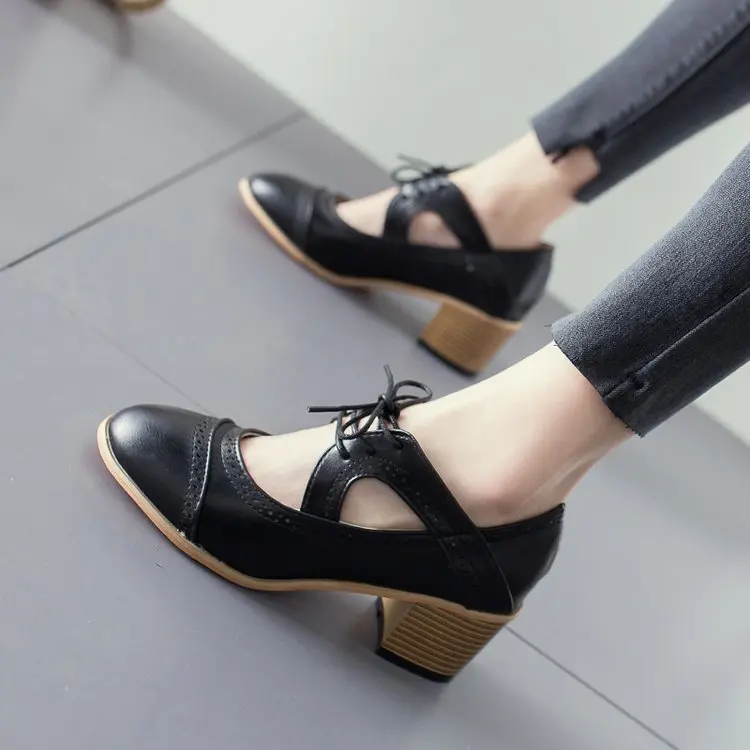 

Summer Vintage Round Toe British Shoes Lace Up Chunky High Heels Sandals Women Hollow Casual Shoes Woman Sandals Plus Size 35-42