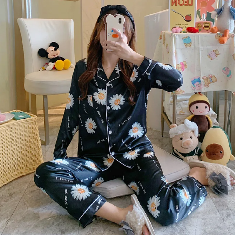 Women's Pajamas Sets Ice Silk Autumn Winter Cardigan Long-sleeved Trousers Lapel Home Service Sleepwear Clothes pijama feminino