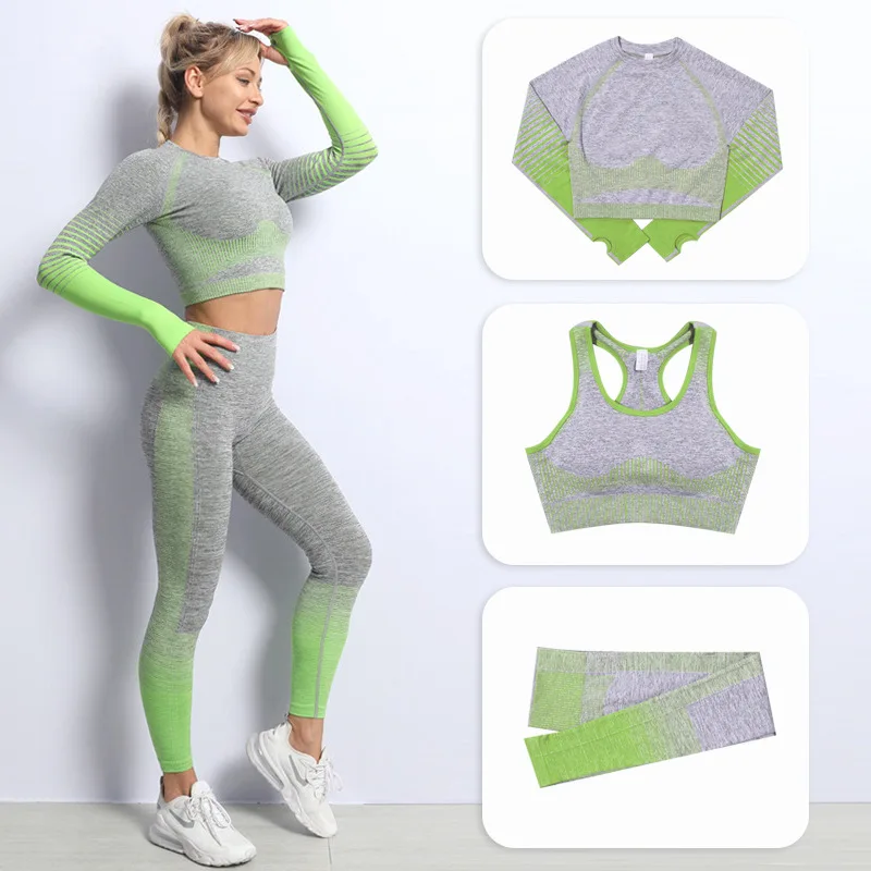 

seamle Yoga set XL Women Gradient Sportswear Women Fitness Bra High Waist Legging Yoga Long Sleeve 3-piece Fitness Clothing suit