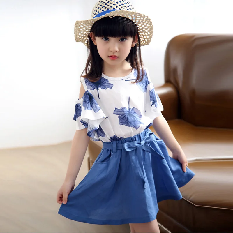 

Girls Summer Wear The New Suit Short Sleeve T-shirt +girl Skirt + Maple Children's Clothing Blue and Pink Color 3-12 Ages
