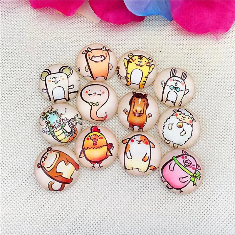 

Random Mix 10 Pcs Cartoon Chinese Zodiac Pattern Round Glass Cabochon Necklace DIY Glass Patch Dome Flat Back Jewelry Findings