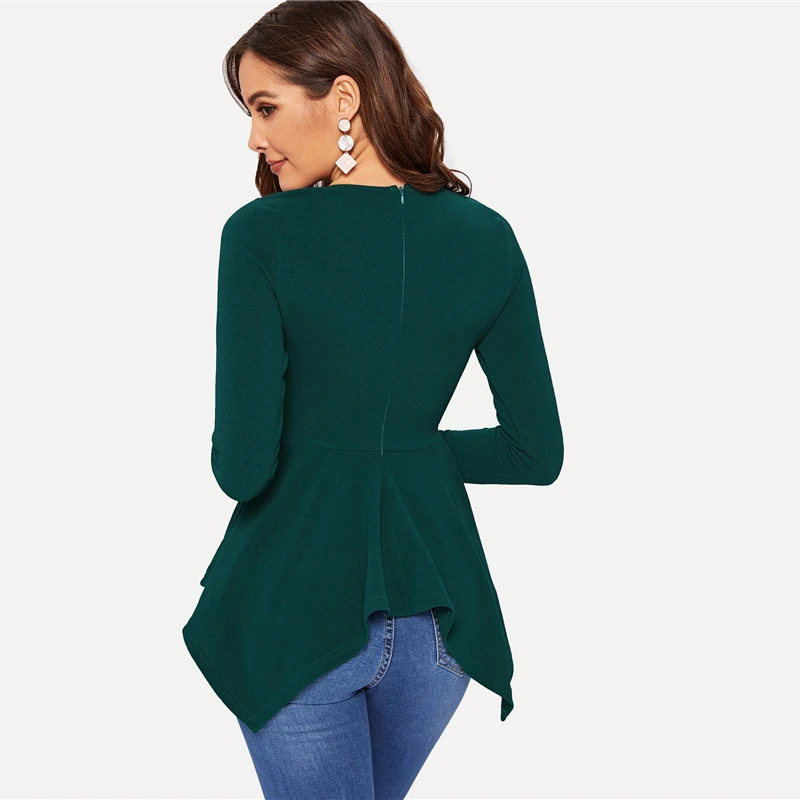 SHEIN Однотонный Топ С Асимметричным Низом И Молнией Женская Черная Классическая Блузка С Длинными Рукавами
