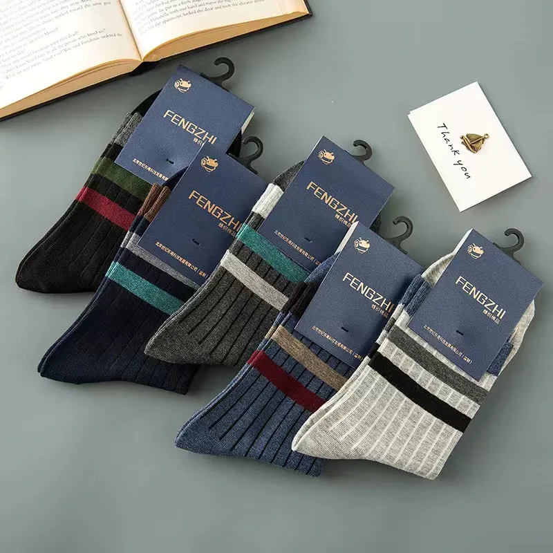 

Men Cotton Socks Brand New Business Leisure Dress Socks High Quality 5 Pair Thicken Warm Print Socks Striped Long Socks For gift