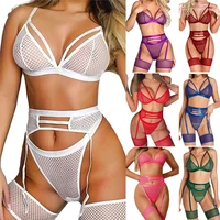 sexy lingerie for women sheer fish net bra panties sets underwear with suspenders leg ring thigh highs garter belt for stockings