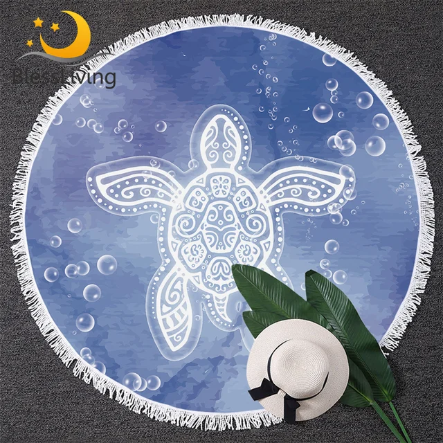 BlessLiving Sea Turtle Round Beach Towel Tortoise Tapestry Watercolor Picnic Mat 150cm Bubbles Marine Style Blue Toalla Blanket 1