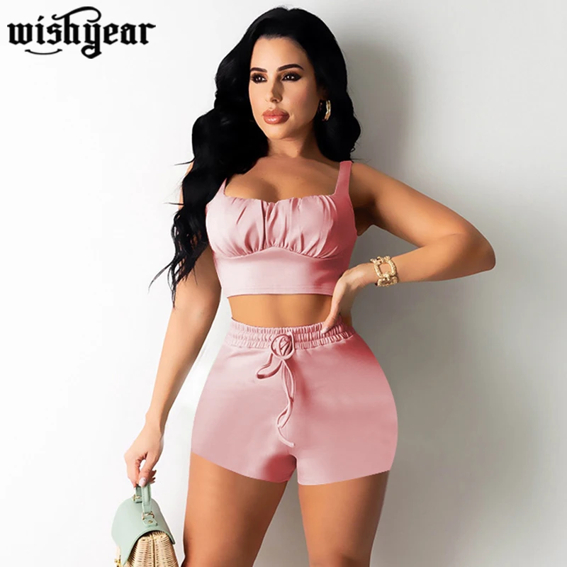 

Летний однотонный комплект из 2 предметов, женский укороченный топ без рукавов и шорты на шнуровке, спортивный костюм, повседневный комплек...