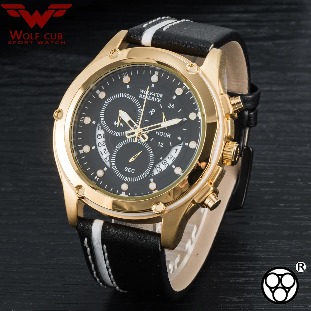 WOLF-CUB Sport Gold Watch Gentleman Original 6-pin Multifunction Sports Waterp Casual Big Dial Chronograph Running Seconds Men's