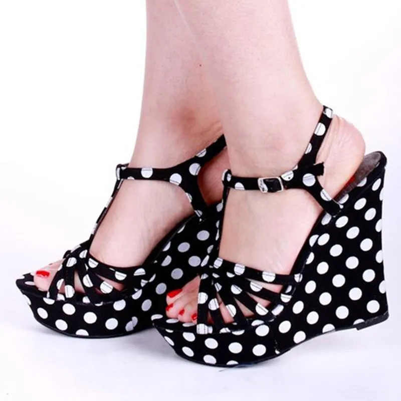 

LanLoJer Shoes,Beautiful Fashion Free Shipping, Dot Black Cloth, About 15 cm Wedge Sandals, High Heels Party Women's Sandals.