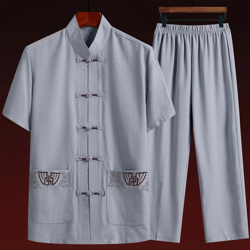 

Костюм Тан мужской из 2 предметов с коротким рукавом, Униформа кунг-фу, рубашка с воротником-стойкой и брюки, одежда для мужчин в стиле Тай-Чи,...