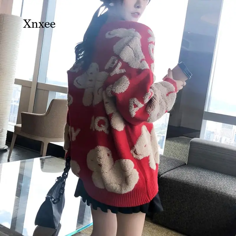

Bear Knitted Cardigans Women Casual Black Red Sweater Long Sleeve Single-Breasted V-Neck Autumn Loose Clothing Overcoat