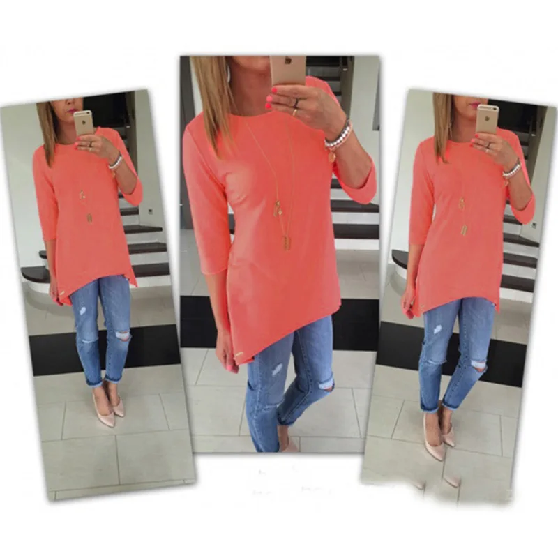 orange M& DE футболка для женщин рукав три четверти однотонная с круглым вырезом camisa feminina лето осень футболка женская poleras mujer de moda - Цвет: orange
