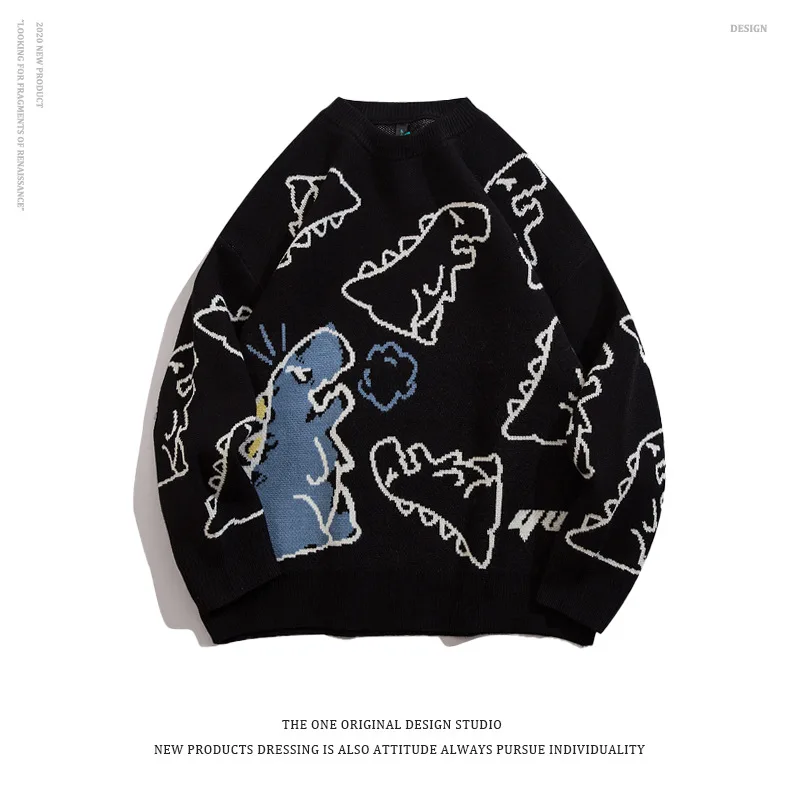 

Sweater Men Harajuku Fashion Knitted Hip Hop Streetwear Dinosaur Cartoon Pullover O-neck Oversize Casual Couple Male Sweaters