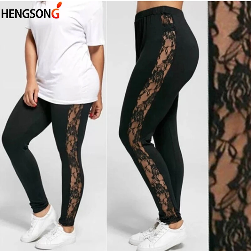 

XL-3XL Women Legging High Waist Sexy Lace Patchwork Hollow Out Stretch Large Legging Trousers Big Size