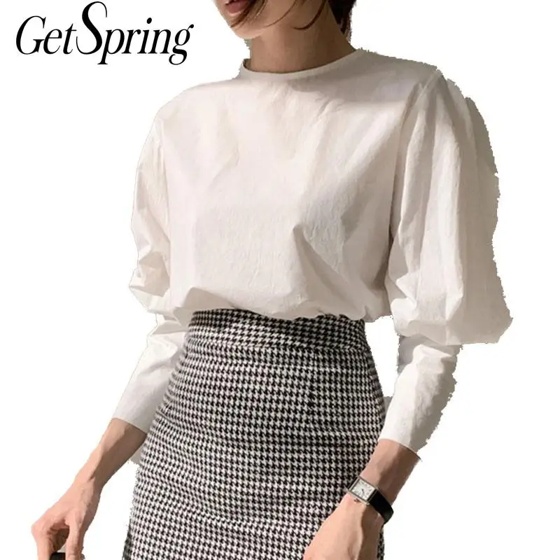 Женская винтажная блузка Getspring белая хлопковая с буфами на рукавах длинным