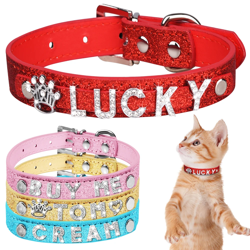 

DIY Dogs Name Collar Personalized Collars for Dog Pets PU Leather Rhinestone Cats Collar for Small Medium Large Dogs Name Tag
