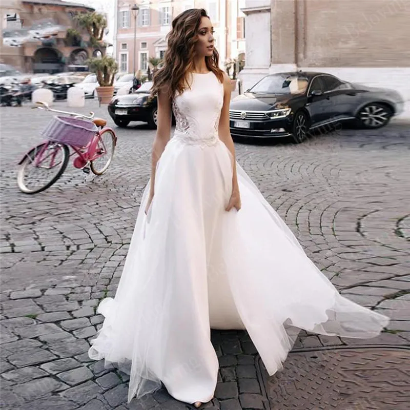 Элегантные атласные свадебные платья Бохо с аппликацией со съемным шлейфом 2021