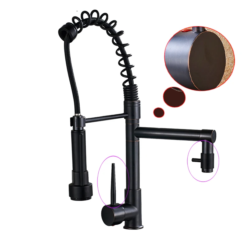black bronze C Пружинный вытяжной кухонный смеситель, кран на бортике с двойным носиком, кран для кухонной раковины, краны, хромированная отделка, ручной опрыскиватель, душевая головка - Цвет: black bronze C