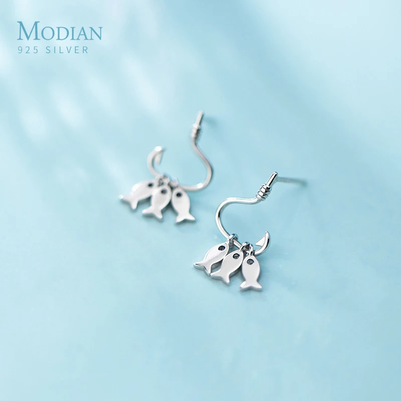 Modian Glossy Three Small Fish Hooks Earring for Women Gift Real 925 Sterling Silver Simple Animal Dangle Fine Jewelry | Украшения и