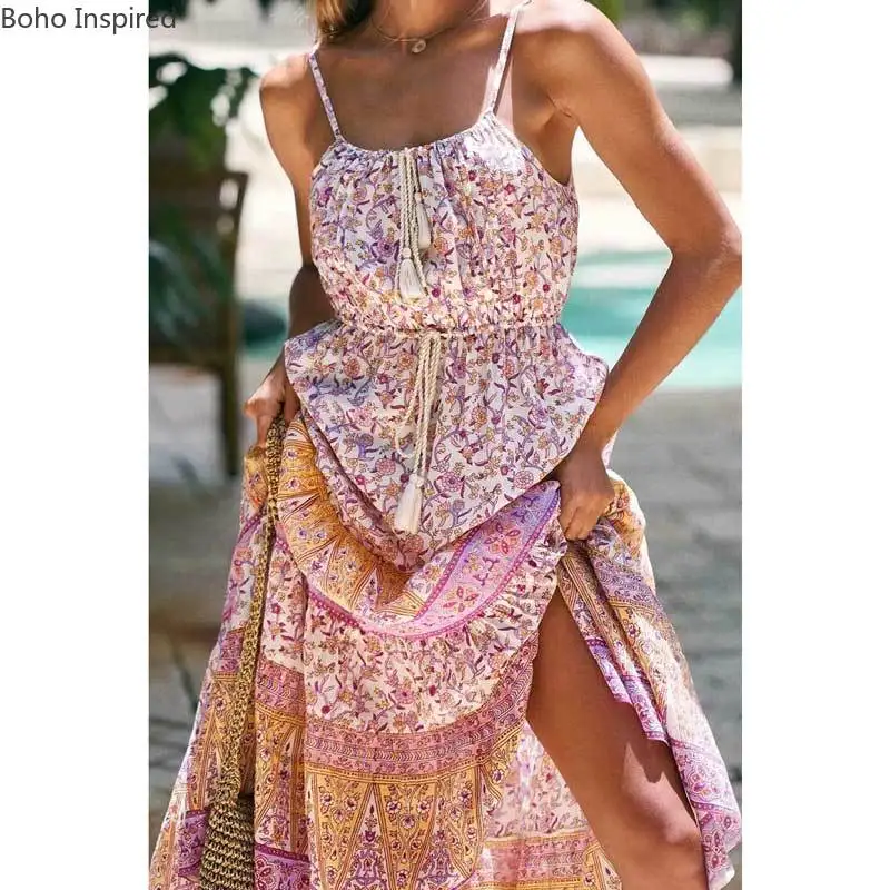 BOHO INSPIRED Lilac floral sleevless long boho dress tassle summer plus size women bohemia style beach Sundress new | Женская одежда
