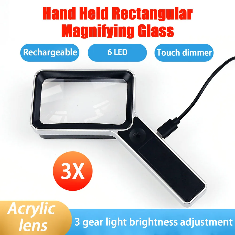 

3X Square Handheld Magnifier with 6 LED Light Rechargeable Lithium Battery Magnifiers for Reading Map Newspaper Magnifying Glass