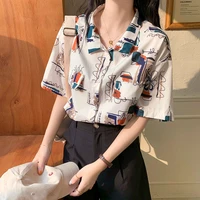 short sleeved shirt female design sense summer retro hong kong style print french niche salt loose slim top