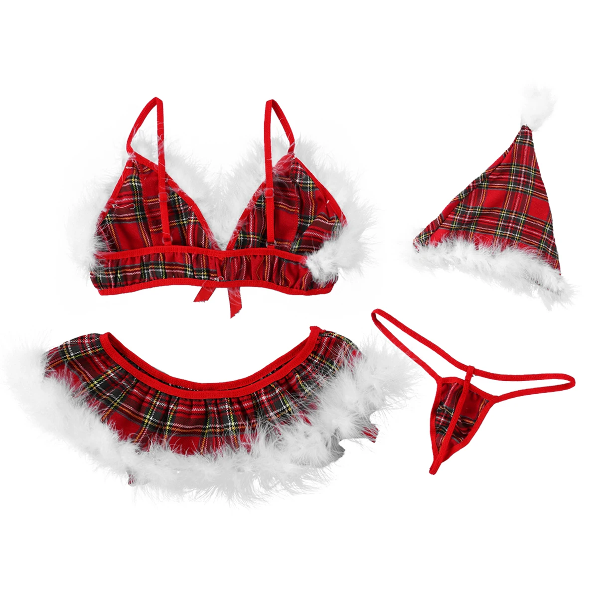 

TiaoBug Women Christmas Plaid Sexy Lingerie Set Feather Trim Bra with G-string Hat Nightwear Xmas Costume Rave Party Underwear