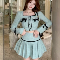 high quality fall fashion sweet tweed 2 piece set women short jacket coat crop top skirts sets small fragrance two piece suits