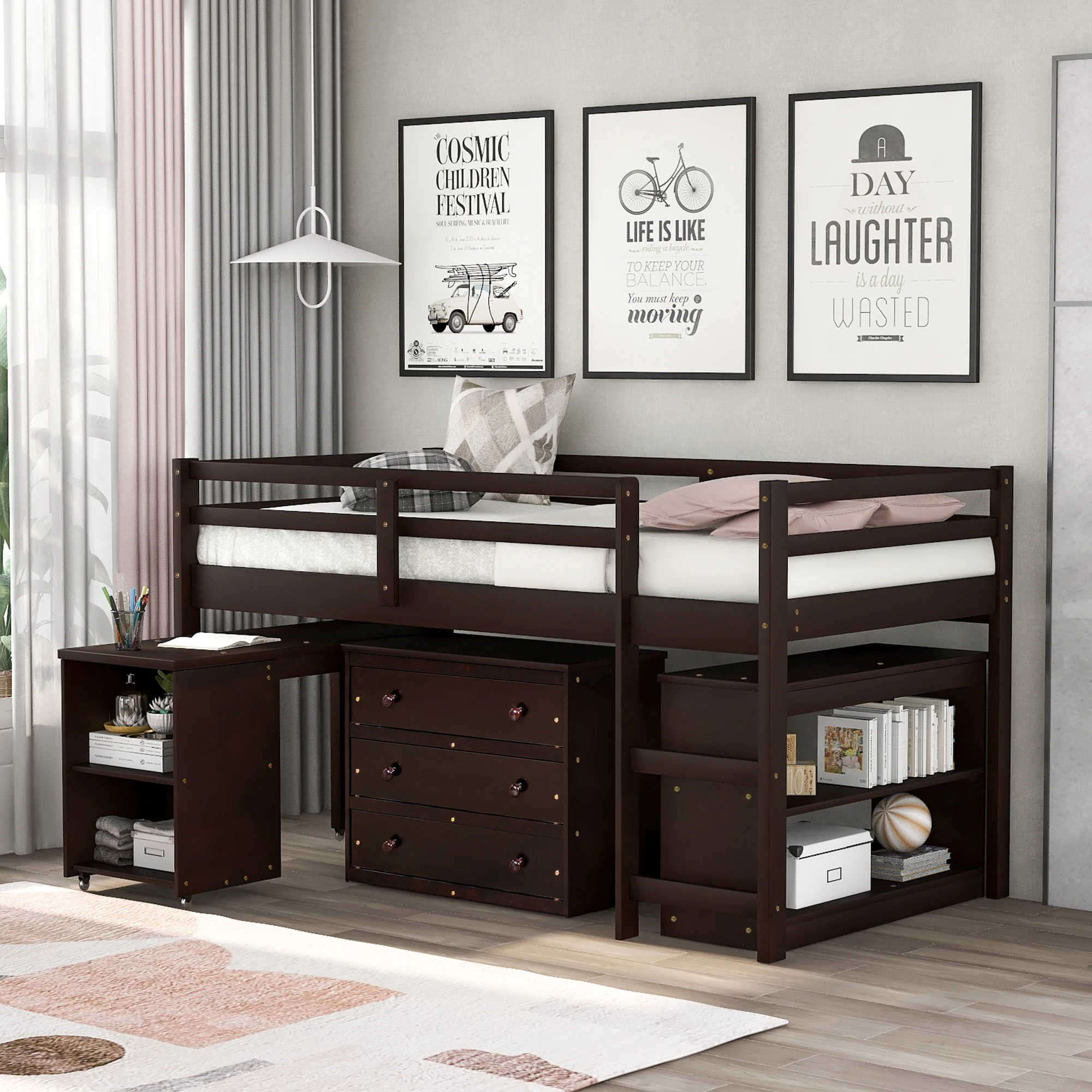 

"Low Study Twin Loft Bed with Cabinet and Rolling Portable Desk, Espresso