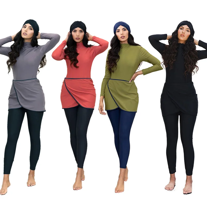 

2021 Muslim Swimwear Women Modest Patchwork Hijab Long Sleeves Sport Swimsuit 3pcs Islamic Burkinis Wear Bathing Suit 4XL