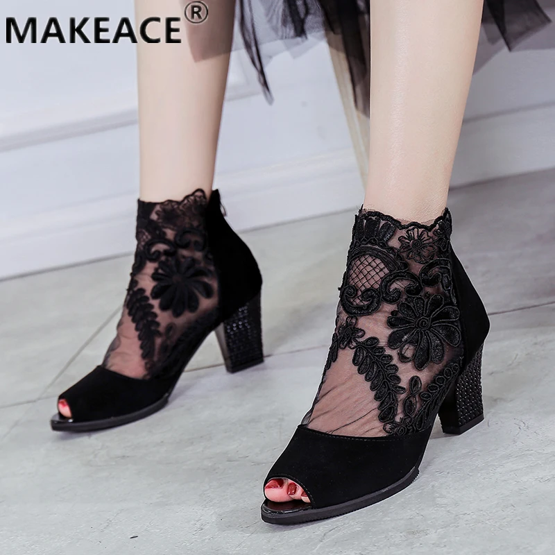

Summer New High-heeled Sandals 2021 Mesh Embroidered Fish Mouth Shoes 35-43 Large Size Open Toe Women's Shoes Dress Party Shoes