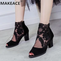 summer new high heeled sandals 2021 mesh embroidered fish mouth shoes 35 43 large size open toe womens shoes dress party shoes