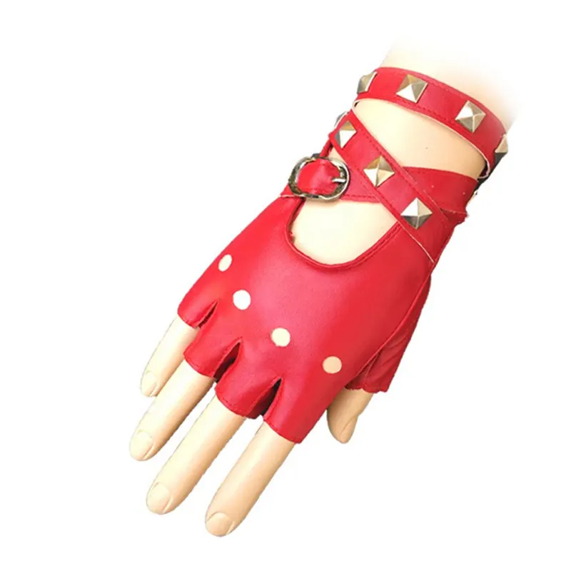 

Gothic Punk Cool Lady Women Sexy Disco Dance Rock-and-roll Fingerless Short PU Leather Gloves Black Red White