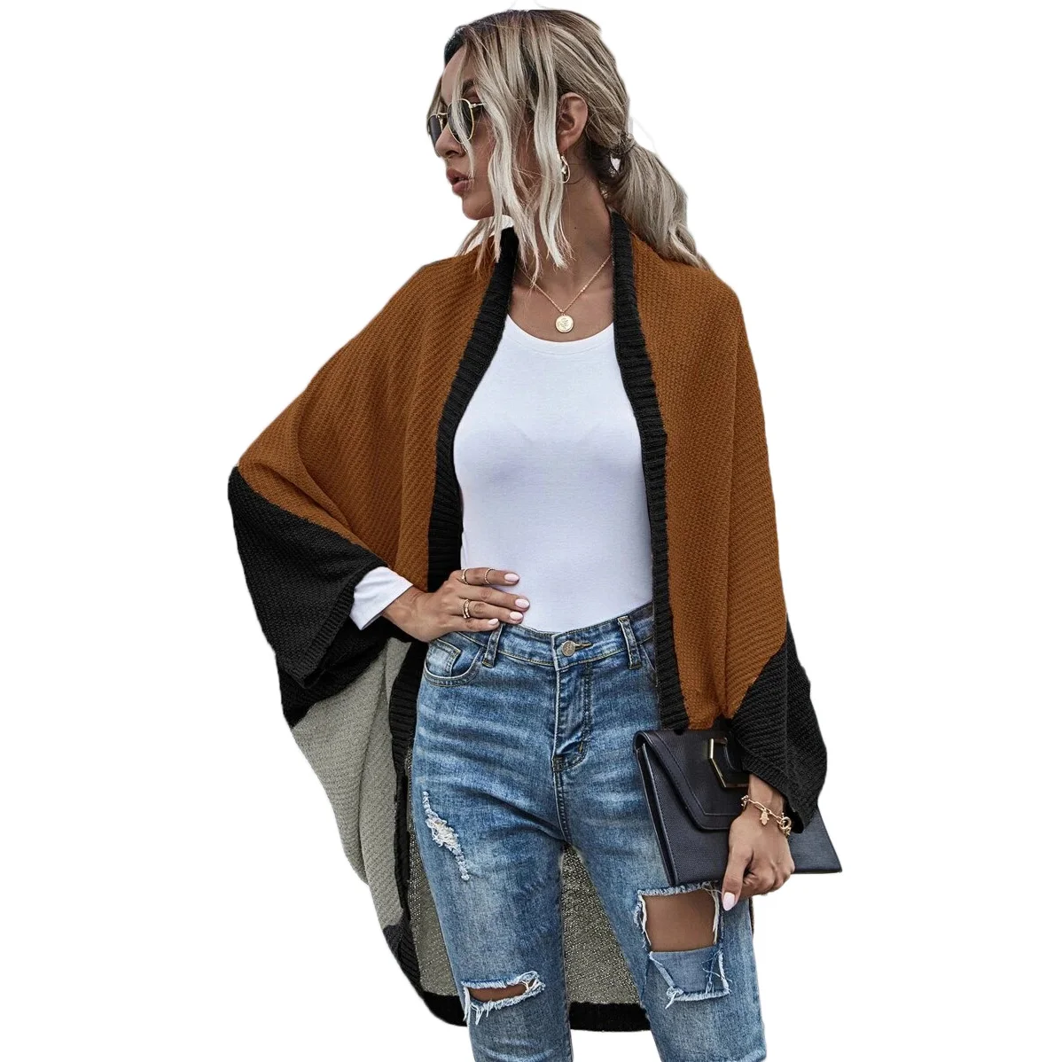 

Knitted Cardigan Sweater Women Autumn And Winter 2021 New Contrast Shaw No Button Mid-Length Vintage Fashion Jacket M70