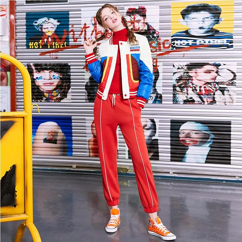 2019 Autumn and winter stitching thin down jackets fashion women stand collar short | Женская одежда