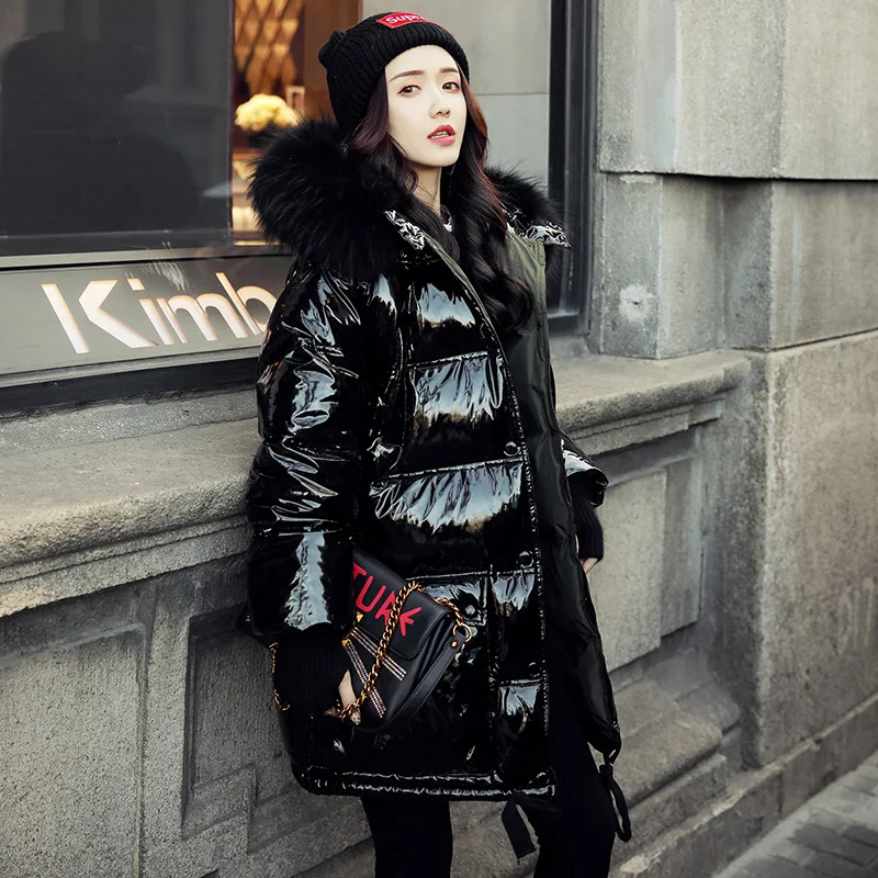 Зимняя куртка Женское пальто парка на утином пуху большой меховой воротник из