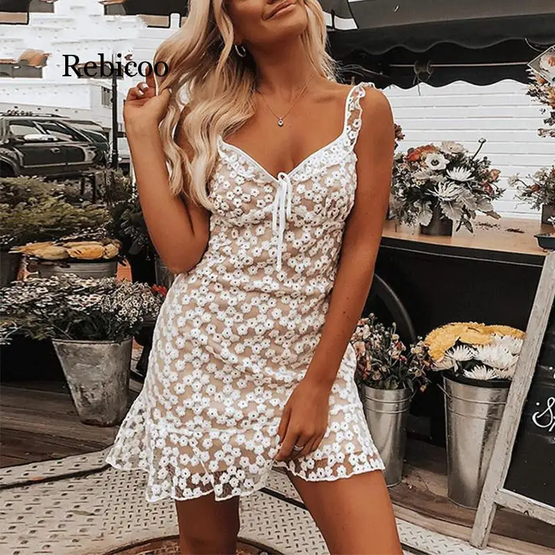

Rebicoo summer lace flower dress women sexy boho beach ruffle dress mini dress