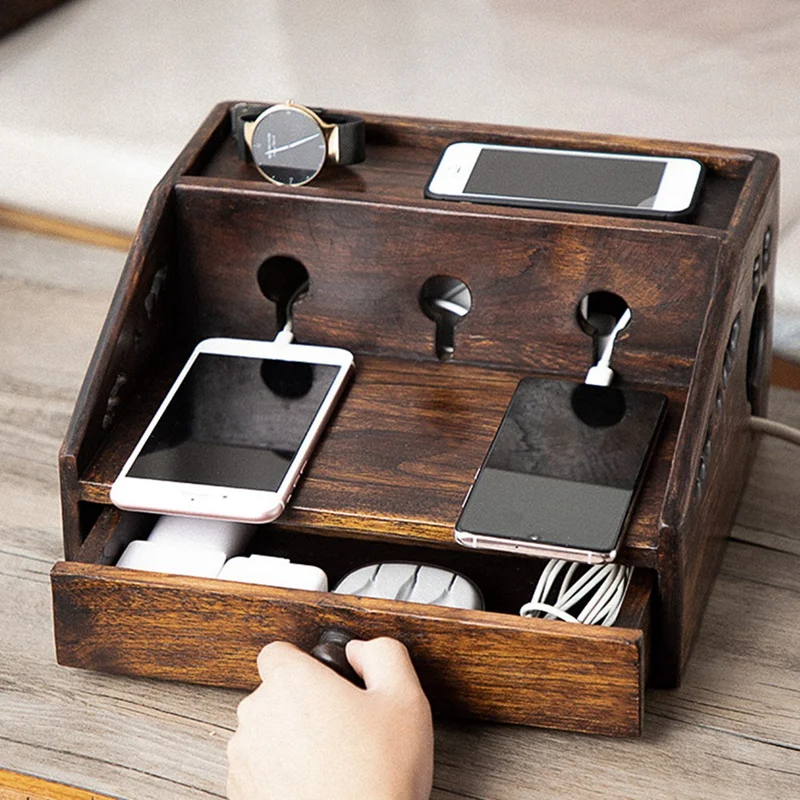 

Classic Distressed Multifunctional Desktop Wooden Organize Storage Box Retro Power Cord Keeps Tidy Storage Boxs