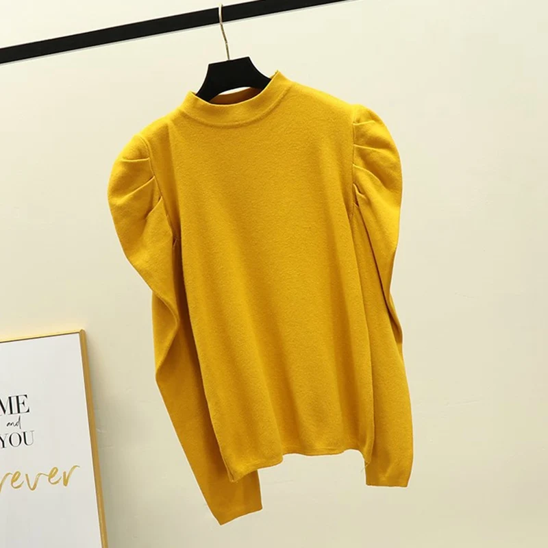 

2021 Spring Newest Arrivals Women Slim Full Puff Sleeve Turtleneck Collar Tops Tee Women Stretchy Tops T-shirts For Girls