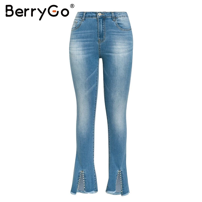 BerryGo, пуш-ап, женские джинсы размера плюс, средняя талия, с вышивкой, расклешенные, джинсовые штаны, пуговицы, карманы, раздельные, для офиса, женские брюки