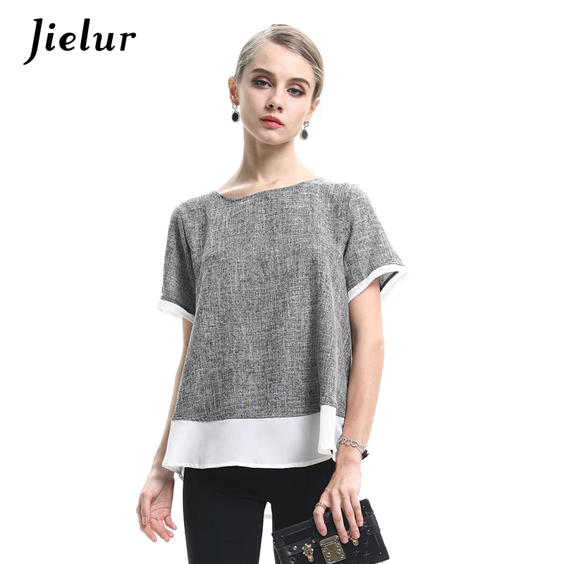 Jielur 2019 Летние шифоновые Лоскутные женские футболки с короткими рукавами новая